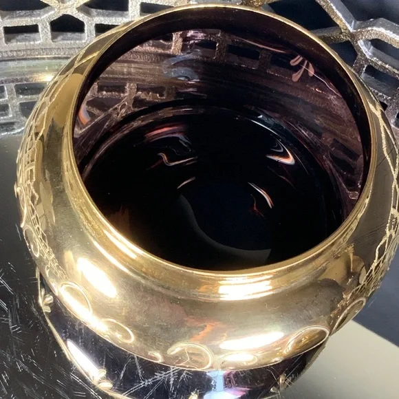 Czech Bohemian Powder Jar Purple Gold Gilt Art Glass Box Flowers Elegant #A23 - Picture 7 of 10